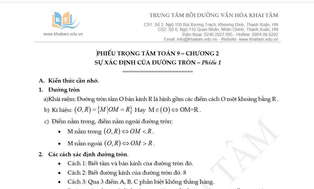 Toán 9: Tài liệu trọng tâm Hình học Chương 2 Phiếu  số 1  - Sự xác định của đường tròn